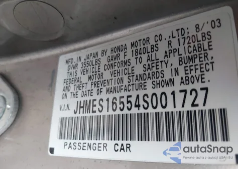 2004 Honda Civic Lx from USA, damaged, VIN JHMES16554S001727